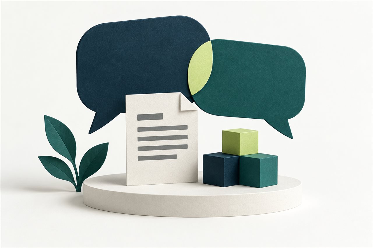 Ilustración conceptual: Una conversación se transforma en un documento de proyecto y módulos de trabajo.