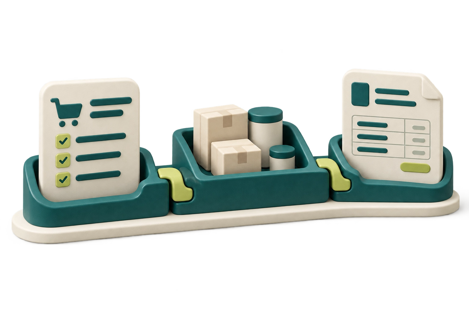 Ilustración conceptual: Un pedido, el inventario y una factura encajan en un flujo de trabajo continuo.
