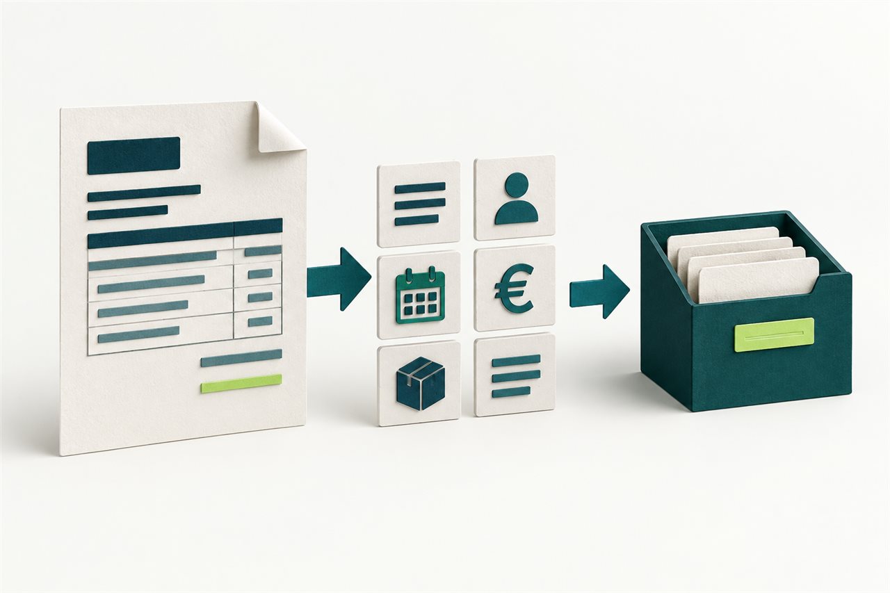 Ilustración conceptual: Un documento de facturación se organiza en registros para su transmisión.