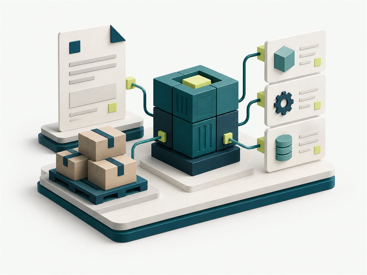 Ilustración conceptual: Documentos, catálogo y datos conectados en un sistema modular.