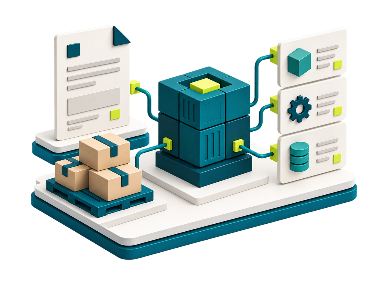 Ilustración conceptual de documentos, productos y datos conectados en un sistema de gestión.
