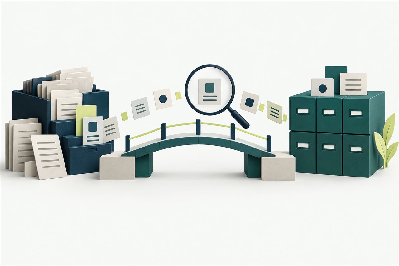 Ilustración conceptual: Documentos y datos atraviesan un proceso de análisis hacia un archivo organizado.