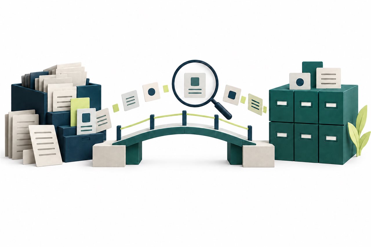 Ilustración conceptual: Documentos y datos atraviesan un proceso de análisis hacia un archivo organizado.